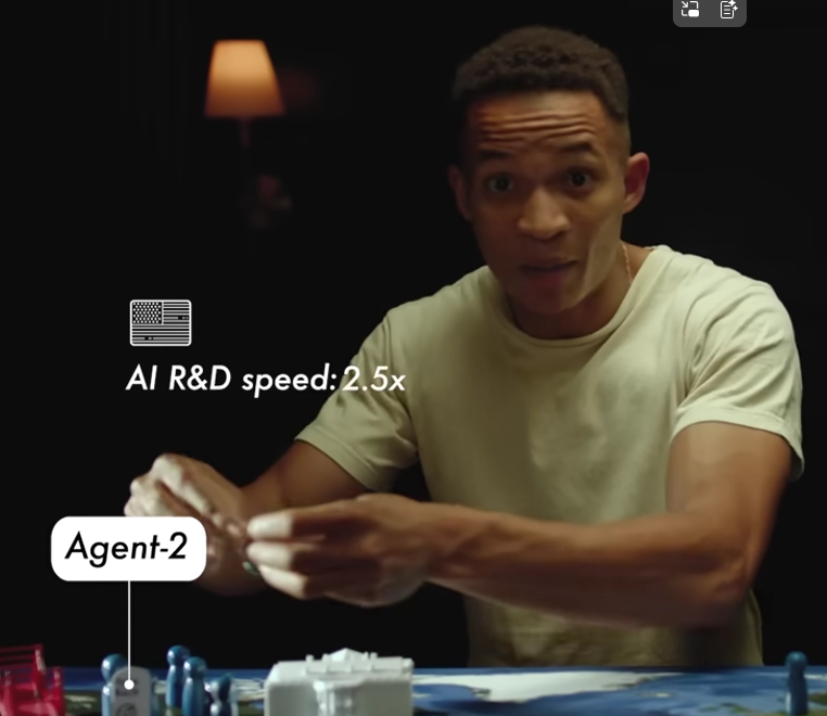 "A man looking at game pieces labeled as Superintelligent AI agents, including Agent-4, Agent-5, and DeepCent-2, representing a realistic scenario of AI competition."